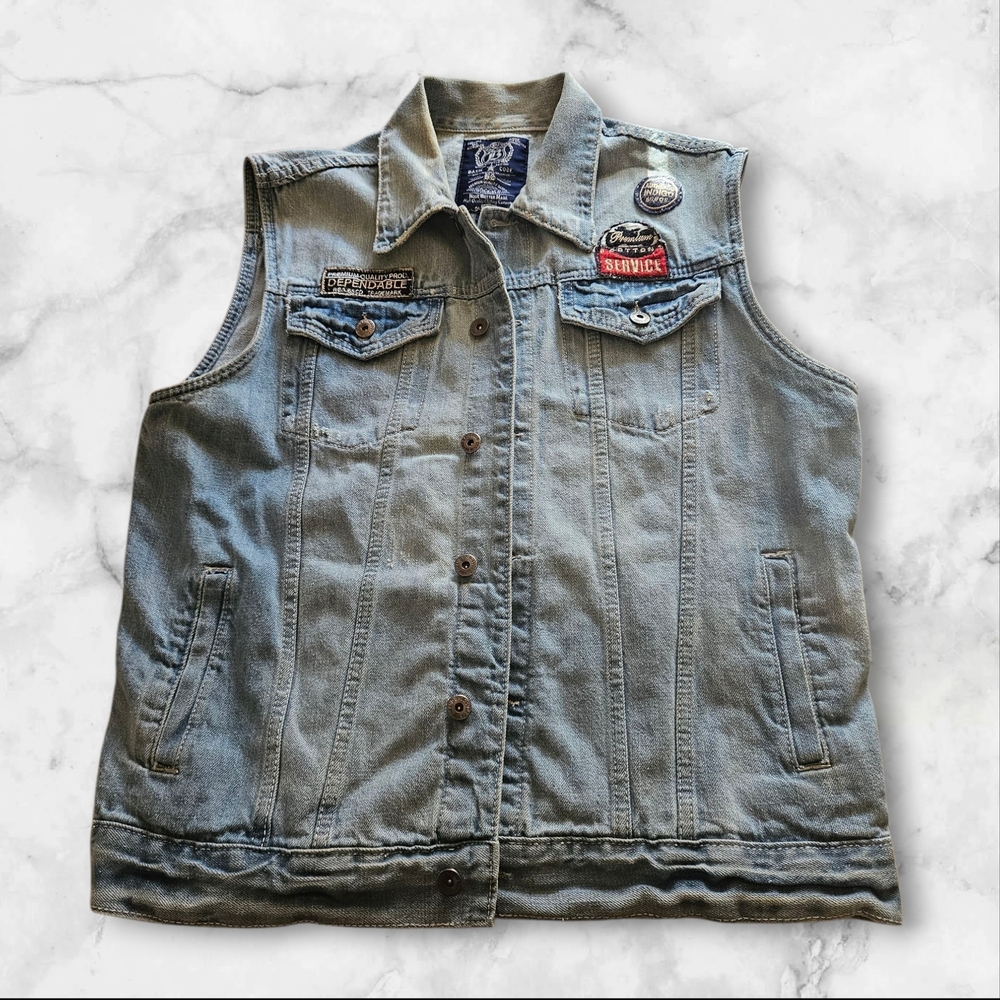 Vintage Basic Code Denim Vest Men L• Distressed Faded Blue Jean Vest Biker Patch